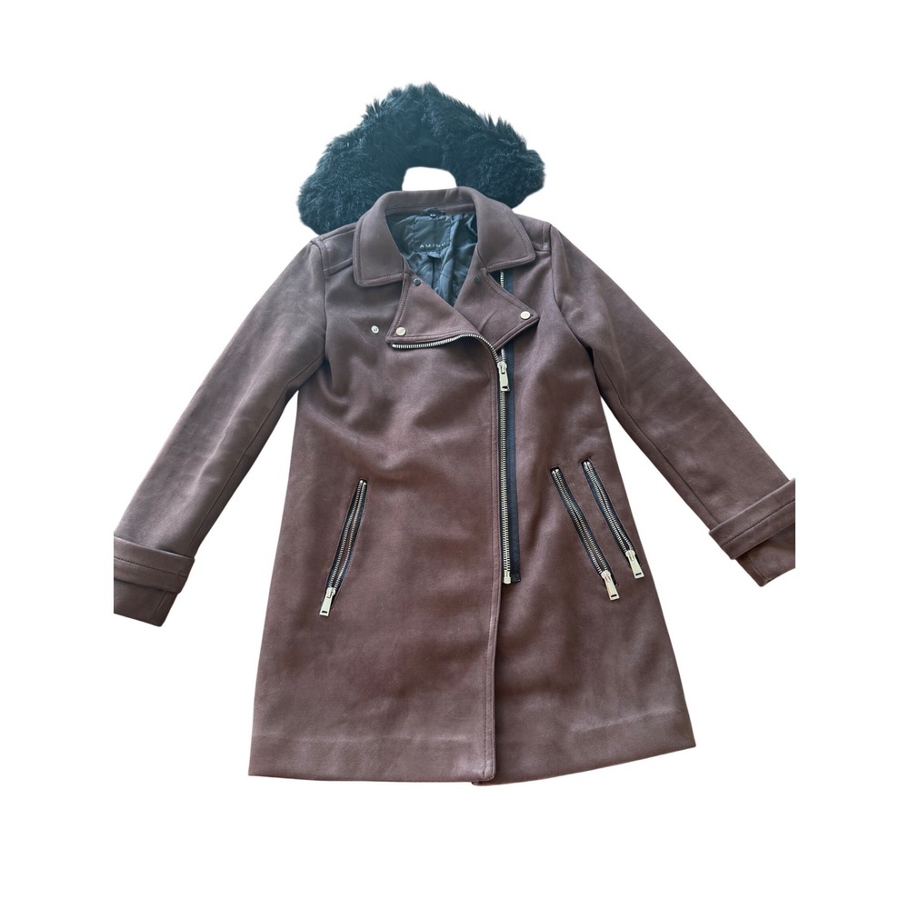 Amisu Womens Brown Faux Suede Moto Long Coat Detachable Faux Fur Collar Size 4